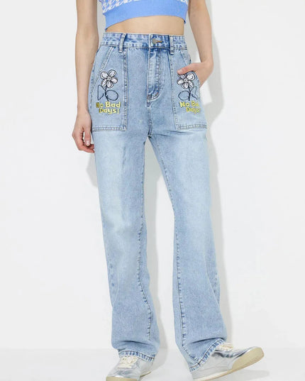 Flower High Rise Straight Leg Jeans with Pockets - ShopEasier