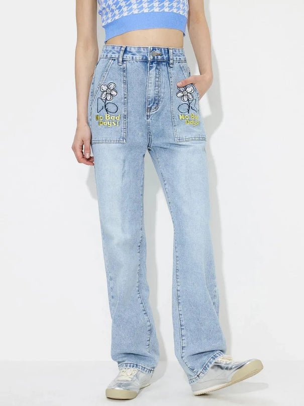 Flower High Rise Straight Leg Jeans with Pockets - ShopEasier