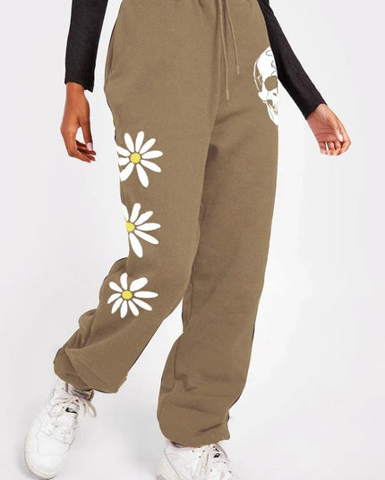 Casual Graphic Long Sweatpants with Drawstring - Flower & Skull Design