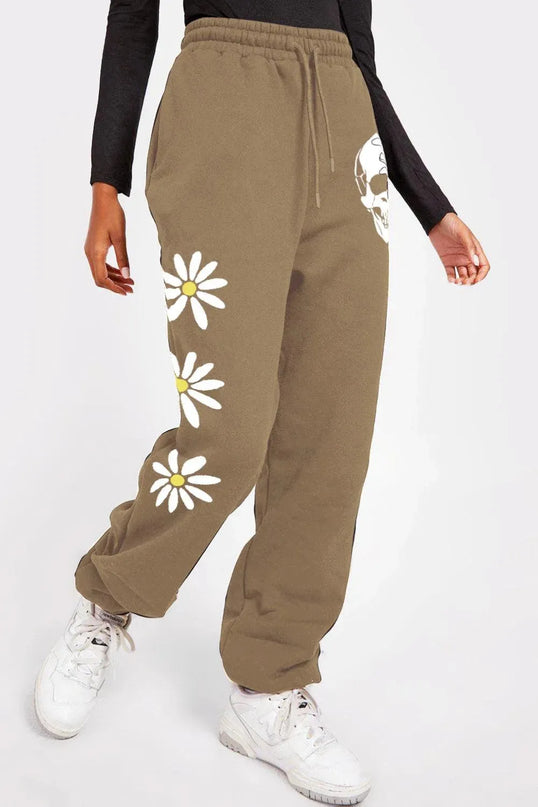 Casual Graphic Long Sweatpants with Drawstring - Flower & Skull Design