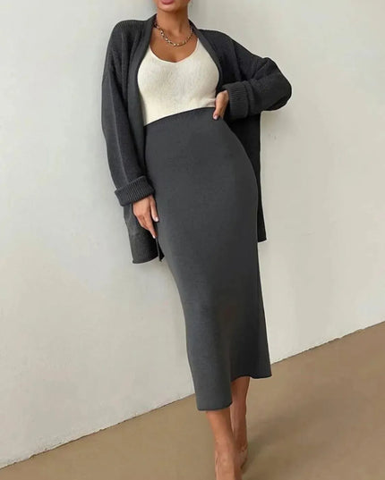 Pocketed Long Sleeve Cardigan and Skirt Sweater Set