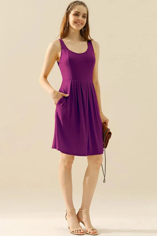 Doublju Full Size Round Neck Ruched Sleeveless Dress with Pockets - ShopEasier