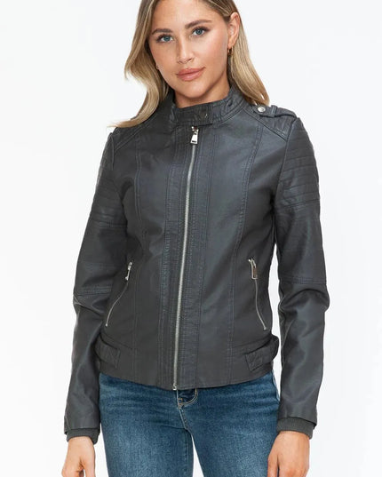 Snobbish PU Leather Biker Jacket with Side Zip Pockets - ShopEasier