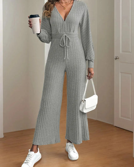 V-Neck Long Sleeve Wide Leg Jumpsuit - ShopEasier