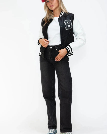 Love Me Now PU Leather Contrast Snap Down Bomber Jacket - ShopEasier