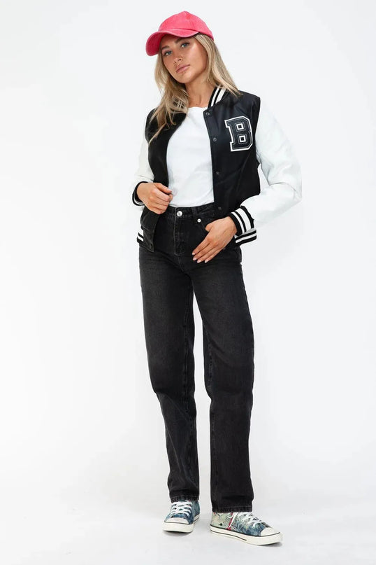 Love Me Now PU Leather Contrast Snap Down Bomber Jacket - ShopEasier