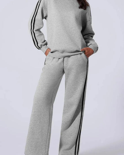 Sporty Side Striped Activewear Set with Round Neck Top and Pants