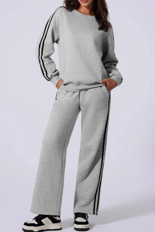 Sporty Side Striped Activewear Set with Round Neck Top and Pants