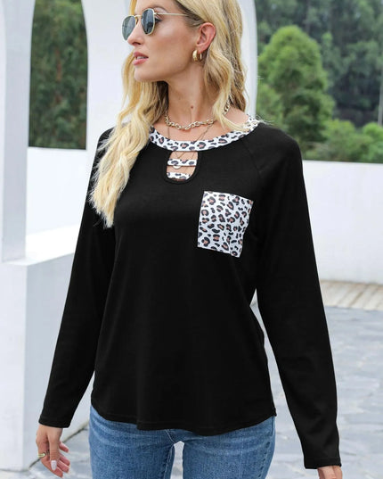 Leopard Print Cutout Long Sleeve Tee with Pocket