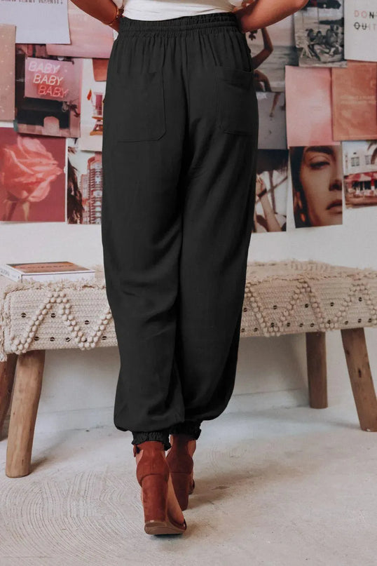 Tie Waist Long Joggers with Functional Pockets