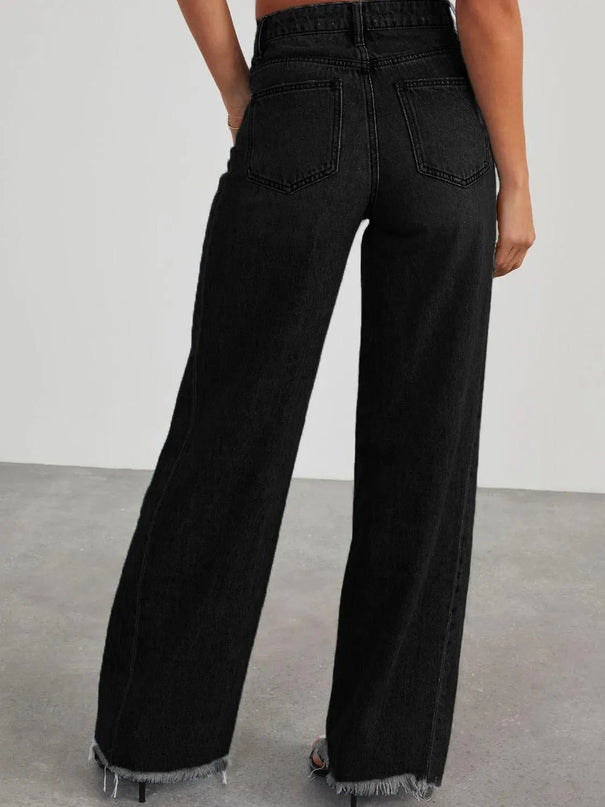 Raw Hem Wide Leg Jeans with Pockets - ShopEasier