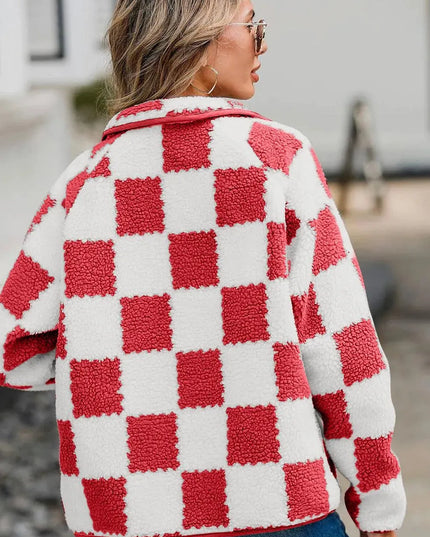 Checkered Snap Down Long Sleeve Teddy Jacket - ShopEasier