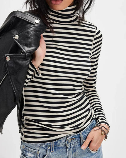 Striped Turtleneck Long Sleeve Tee with Exposed Seams