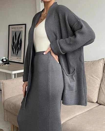 Pocketed Long Sleeve Cardigan and Skirt Sweater Set