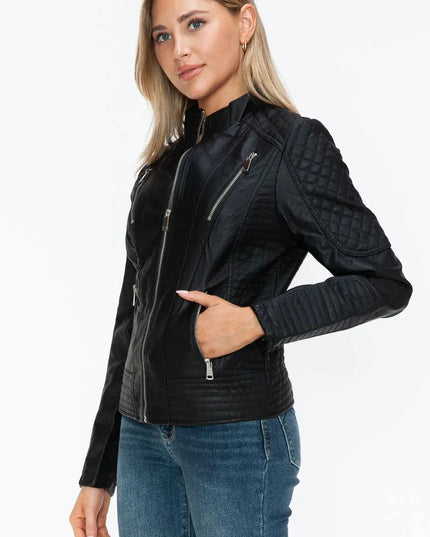 Snobbish Faux Leather Zip Up Mock Neck Jacket - ShopEasier