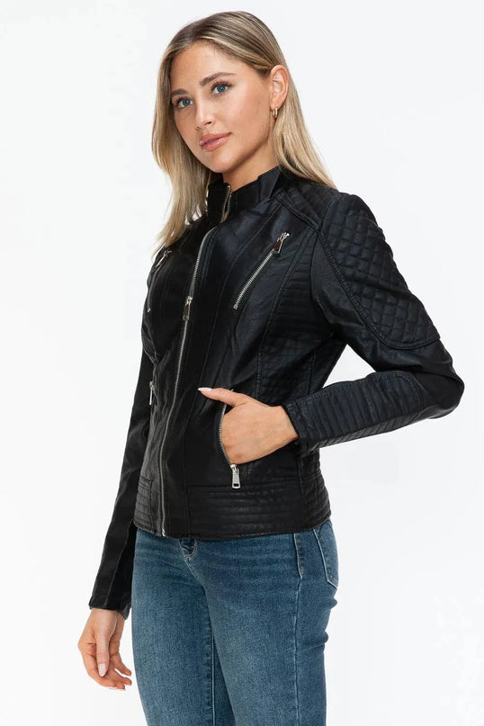 Snobbish Faux Leather Zip Up Mock Neck Jacket - ShopEasier