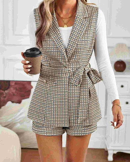 Plaid Collared Neck Two-Piece Vest and Shorts Ensemble