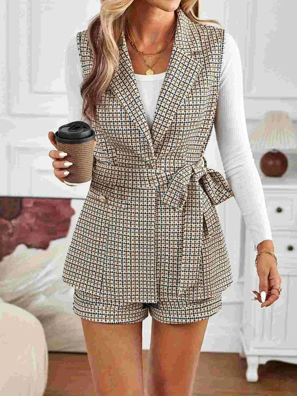 Plaid Collared Neck Two-Piece Vest and Shorts Ensemble