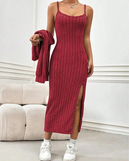 Ribbed Long Sleeve Cropped Cardigan and Slit Cami Dress Set