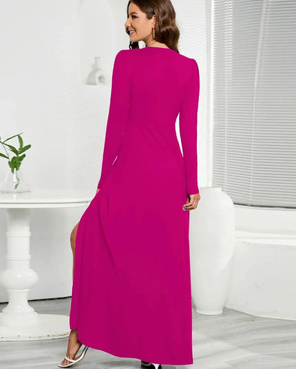 V-Neck Long Sleeve Split Dress - ShopEasier