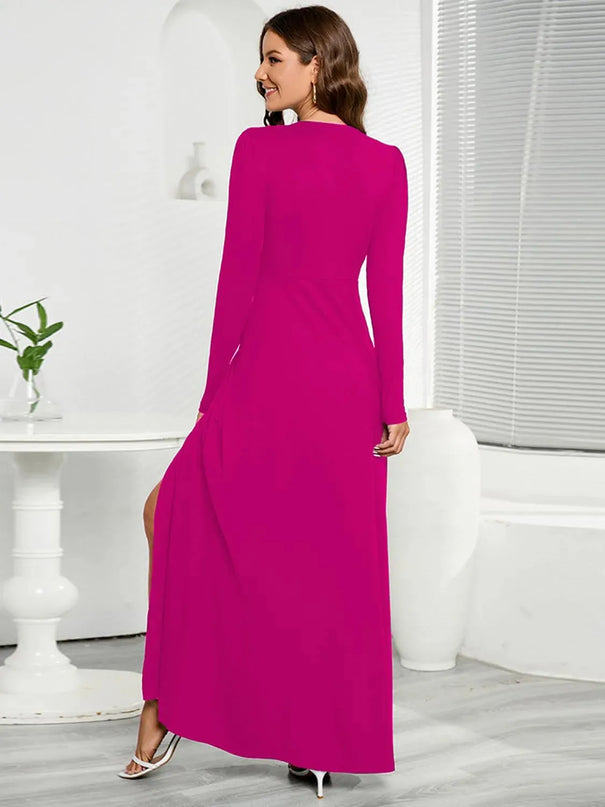 V-Neck Long Sleeve Split Dress - ShopEasier