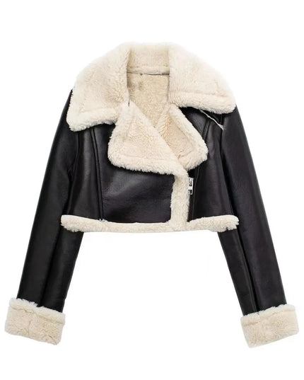 Collared Neck Long Sleeve Plush Cropped Jacket - ShopEasier