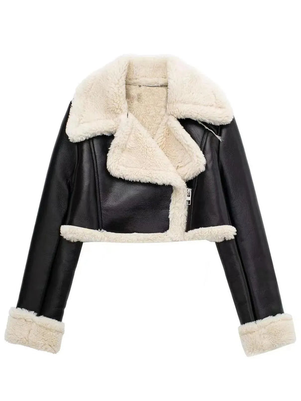 Collared Neck Long Sleeve Plush Cropped Jacket - ShopEasier