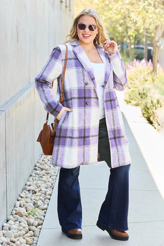 Plaid Button-Up Lapel Coat with Pockets - Full Size Double Take Design