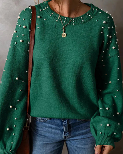 Elegant Pearl-Embellished Long Sleeve Knit Sweater