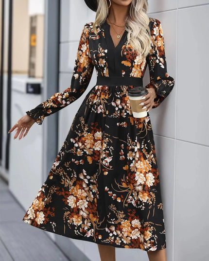 Perfee Printed Notched Long Sleeve Midi Dress - ShopEasier