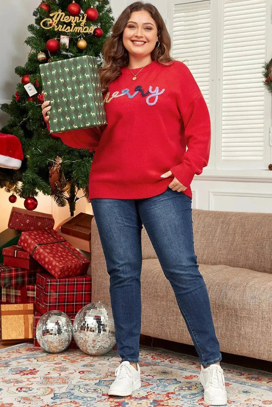 Plus Size MERRY Round Neck Long Sleeve Sweater - ShopEasier