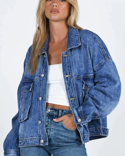 Collared Neck Button Up Denim Jacket - ShopEasier