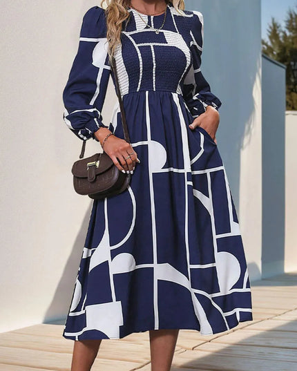 Perfee Smocked Color Block Long Sleeve Midi Dress - ShopEasier