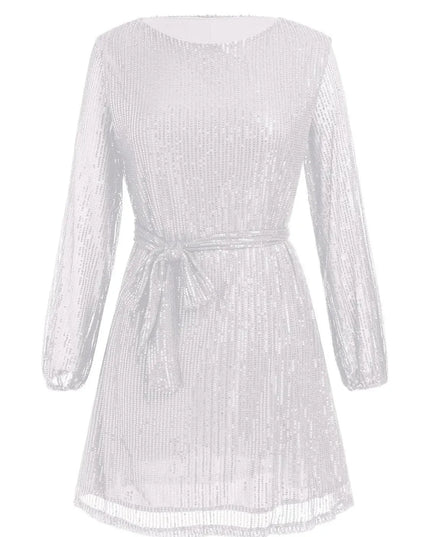 Sequin Tie Waist Long Sleeve Mini Dress