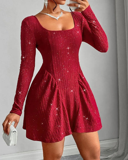 Backless Glitter Square Neck Long Sleeve Mini Dress