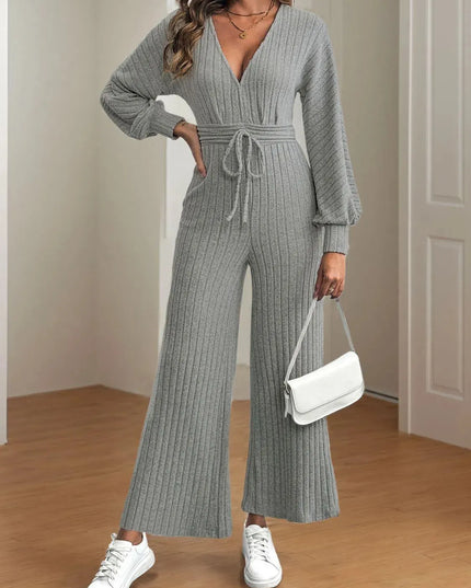 V-Neck Long Sleeve Wide Leg Jumpsuit - ShopEasier