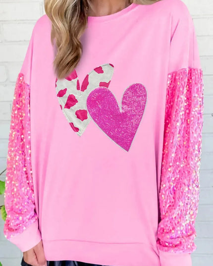 Sparkling Heart Sequin Long Sleeve Sweatshirt for Valentine's Day