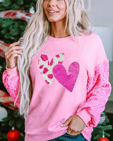 Sparkling Heart Sequin Long Sleeve Sweatshirt for Valentine's Day