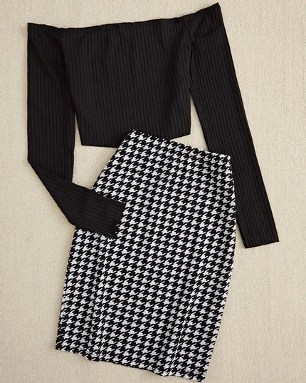 Off-Shoulder Long Sleeve Top and Houndstooth Skirt Set