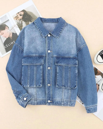 Collared Neck Button Up Denim Jacket - ShopEasier