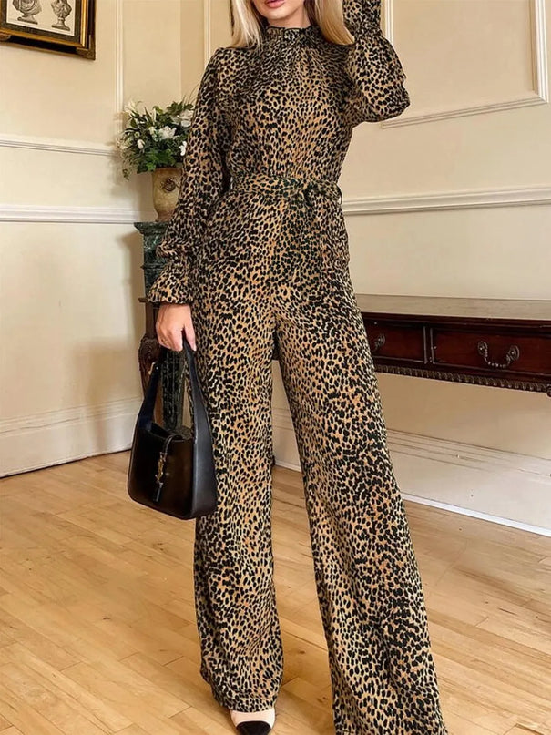 Leopard Flounce Sleeve Wide Leg Jumpsuit - ShopEasier