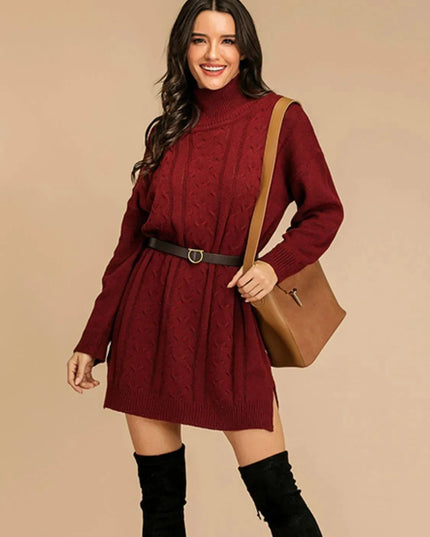 Perfee Slit Turtleneck Long Sleeve Mini Sweater Dress