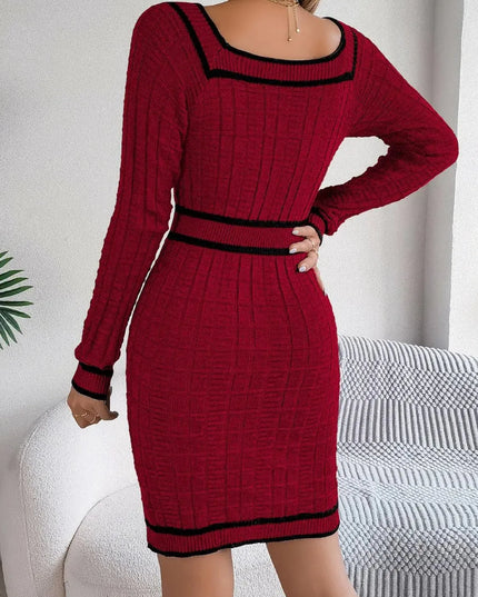 Contrast Trim Long Sleeve Sweater Dress