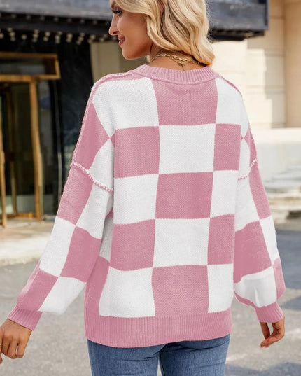 Checkered Round Neck Long Sleeve Sweater - ShopEasier