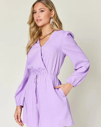 Double Take Full Size Drawstring Long Sleeve Romper - ShopEasier