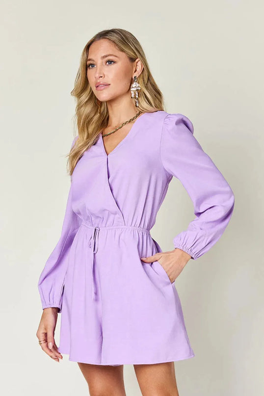 Double Take Full Size Drawstring Long Sleeve Romper - ShopEasier