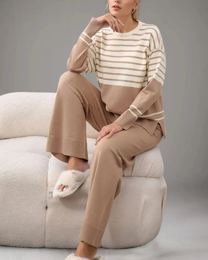 Basic Bae Striped Round Neck Long Sleeve Top and Pants Sweater Set