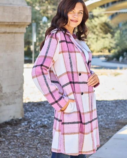 Plaid Button-Up Lapel Coat with Pockets - Full Size Double Take Design