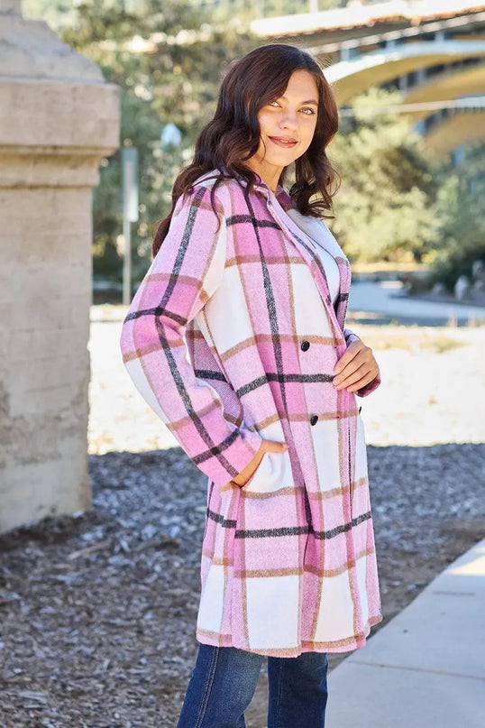 Plaid Button-Up Lapel Coat with Pockets - Full Size Double Take Design