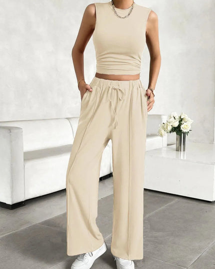 Devine Mock Neck Sleeveless Top and Drawstring Pants Set - ShopEasier